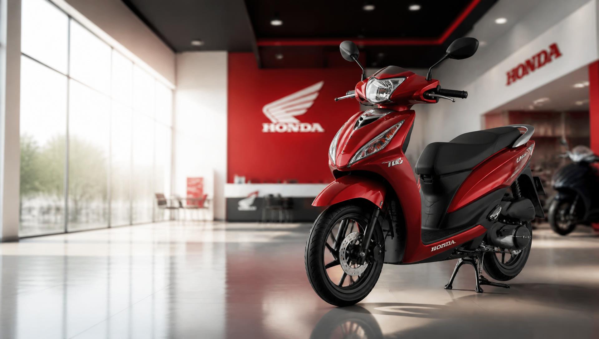 Red Honda scooter on display inside the showroom